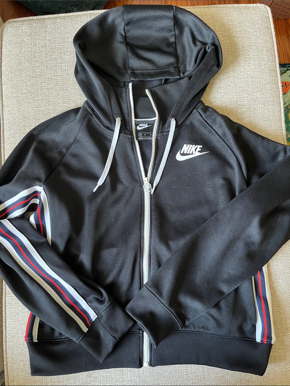 Nike Black Hooded Zip Jacket with Red, White & Navy Stripe Accents